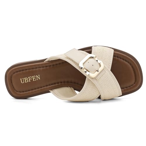 Image of UBFEN Womens Square Toe Flat Sandals Slides Dressy Comfortable for Beach