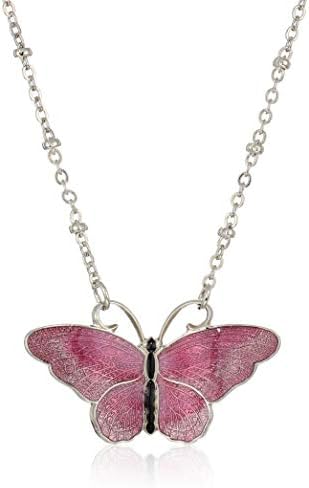 1928 Jewelry Women's Silver-Tone Purple and Black Enamel 16 inch Butterfly Necklace, Purple, One Size