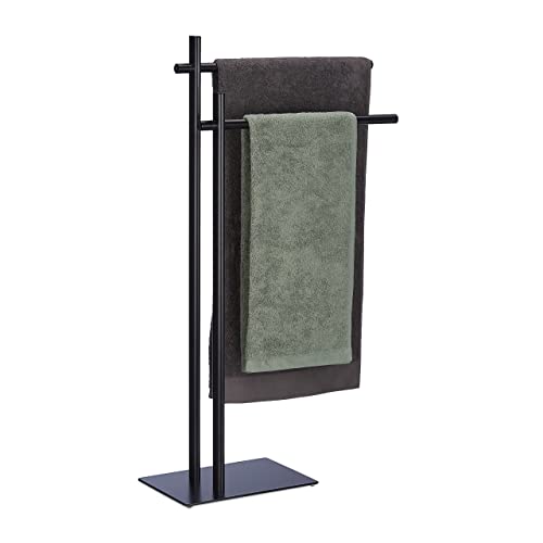 Relaxdays Portatoallas de Pie Metálico, Toallero con 2 Barras, 87,5 x 51 x 20 cm, Acero, Galán de Noche para Baño, Negro, 100%