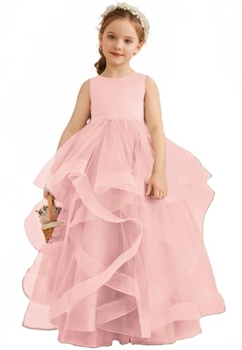 Satin Flower Girl Dresses for Wedding Tulle First Communion Dress with Pearl Princess Birthday Gown
