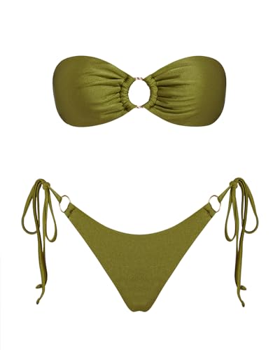 VOLAFA Women's Triangle Bikini Sets Bandeau O Ring Strapless Side Tie Thong Swimsuit Two Piece Bathing Suit (Medium, Amy Green)