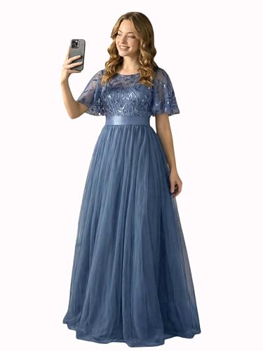 Image of Ever-Pretty Sequin Formal Prom Dresses for Women Ruffle Sleeves Empire Waist A-Line Long Mother of Bride Dress 00904