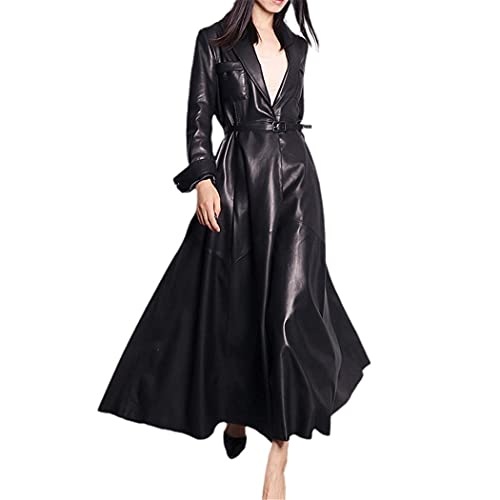 Amazon.com: Red Black Maxi Leather Trench Coat, Women Long Skirted