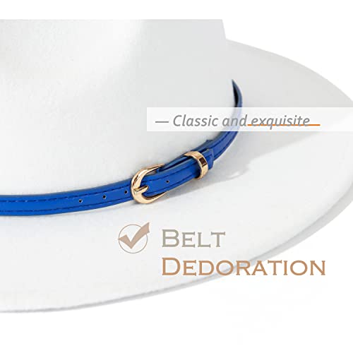 Lisianthus Women White Fedora Wide Brim Panama Hats With Color Belt Buckle (White & Royal Blue/Royal Blue Belt) #TOP3