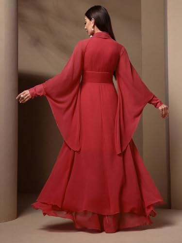Image of TOLEEN Casual Dresses for Women Long Sleeve Flowy Swing Chiffon Maxi Dresses, Medium, Red-805
