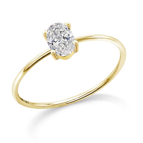 Gem Stone King 10K Yellow Gold Lab Grown Diamond Solitaire Engagement 4-Prong Ring For Women | 0.40 Cttw | Oval 6X4MM | Gemstone April Birthstone | Available in Size 5,6,7,8,9