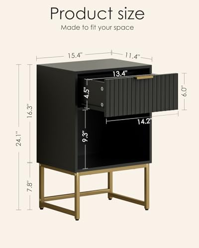 Image of Masupu Fluted Nightstand,Modern Night Stand Wood Bedside Table with Storage Drawer Side End Table for Bedroom,Office,Black