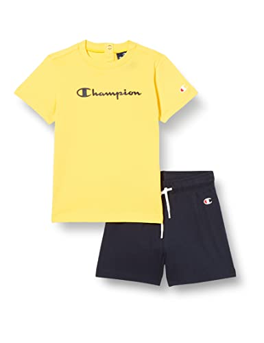Champion Legacy American Classics - Logo S/S T-shirt & Shorts, Traje para Bebé-Niños, Multicolor (Giallo/Blu Marino), 3 años