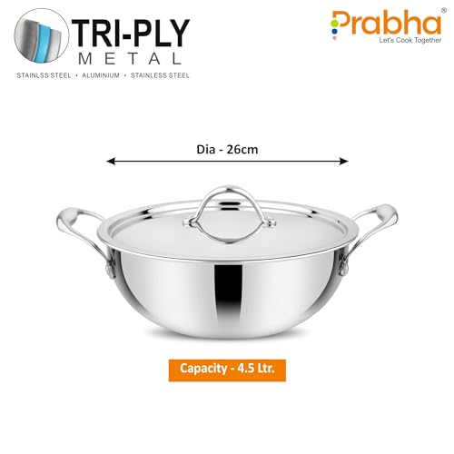Image of Prabha Prima Deep Kadhai with Lid, Stainless Steel, Kitchen Kadhai, 30cm, 7.2L, Induction & Non Induction Base, 60 Months Warranty