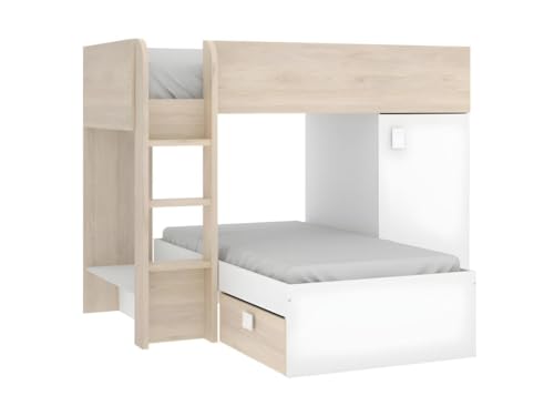 Rimobel Vente-Unique-Cama Tren Reversible rinconera Ricardo - 2 x 90 x 190 cm - Compartimentos - Roble y Blanco