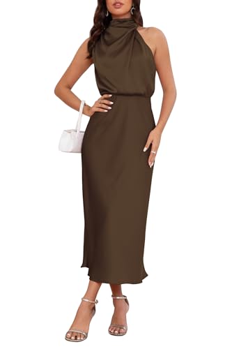 Image of Women's Satin Maxi Dress Summer Formal Wedding Guest Cocktail Dress | Mock Neck Sleeveless,Elegant Silk Midi Long Dress,High Neck,Halter,Aline,Bridesmaid,Bridal Shower Guest,Garden Party,Dinner