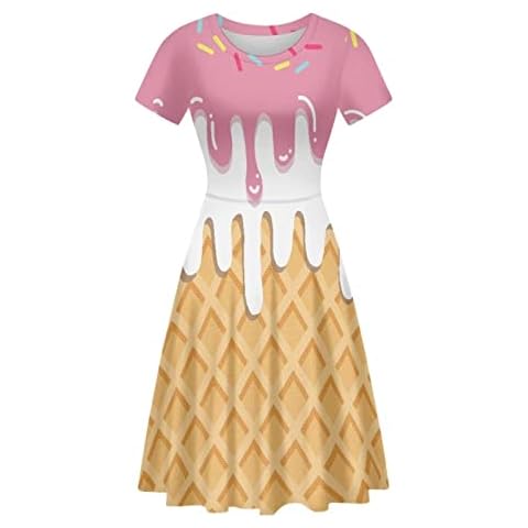 POLERO Ice Cream Dress for Women Short Sleeve Funny Sundress High Waisted Midi Dress Crew Neck Flare Skater Dresses 2XL Cover