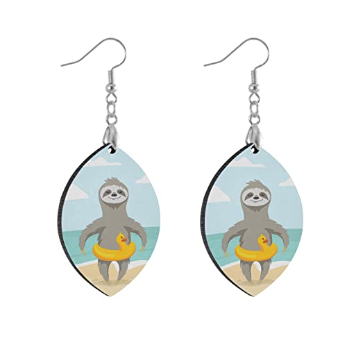 Happy Cute Sloth on Ocean Beach with Yellow Duck Inflatable Circle Wooden Dangle Lightweight Drop Earrings Copper Plated Silver Earring