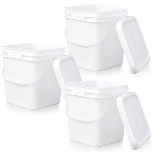 Image of Mumufy 3 Pcs 3.5 Gallon Square Food Grade Bucket with Lid Square Bucket Pail Plastic Handles for Long Term Food Storage, Camping, Fishing, Home Organization Easy Stack and Store (White)