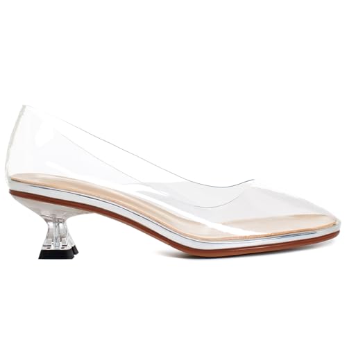 Women Clear Low Kitten Heels Pumps Shoes Round Closed Toe Slip On Transparent Sandals Open Peep Toe Chunky Block PVC Heels Crystal Pumps Office Wedding Party Dressy Summer Chic 4-11 M US2