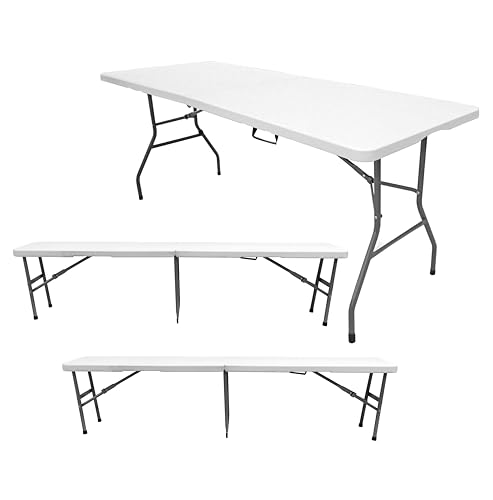 The Homeweeks Pack Mesa Plegable con 2 Bancos Solid 180cm portátiles | Normativa Uso público Interior/Exterior | Capacidad 6/8 Personas | Carga 150 kg Mesa y 300 kg por Banco Multiusos jardín