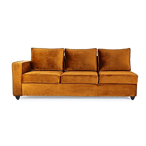 Image of Wakefit L Shape Sofa Set for Living Room | 3 Year Warranty - 3 Seater + Chaise (Velvet Fabric, Amber), Brown