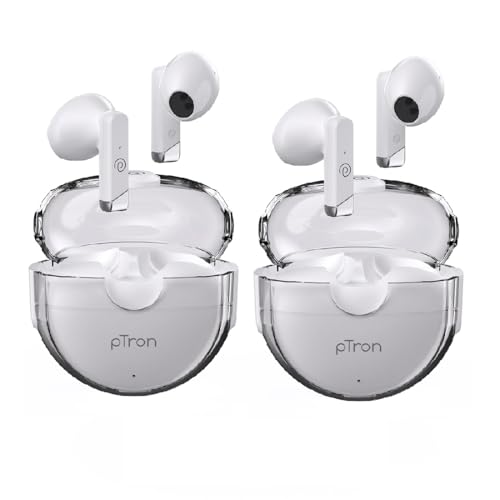 Image of pTron Bassbuds Fute 5.1 Bluetooth Truly Wireless Featherlite TWS in Ear Earbuds with Mic, 25Hrs Playtime, 13mm Driver, Immersive Audio Headphones, Touch Control, Voice Assist & Fast Charging (White)