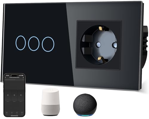 TAWOIA Presa normale con interruttore della luce Smart Wlan (neutro necessario), pannello in vetro, controllo vocale per Alexa, compatibile con Smart Life e Tuya App 3 vani 1 vie, nero