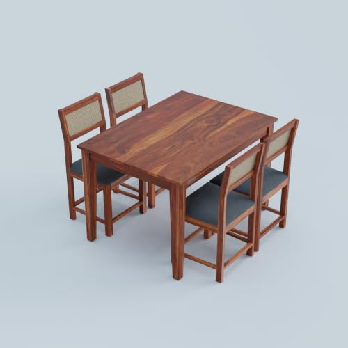Image of DRIFTINGWOOD Amber Solid Sheesham Wood 4 Seater Dining Table Set with Rattan Back Chairs | Grey Velvet Cushioned Seating for Home & Dining Room (Honey Finish, DIY)