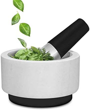 Flexzion Silicone Mortar and Pestle Set Marble Pestal Mortar 5.5" White Marble Mortar And Pestle with Silicone Base and Easy Grip Handle Kitchen Stone Grinder Bowl for Guacamole Bowl Salsa Spice