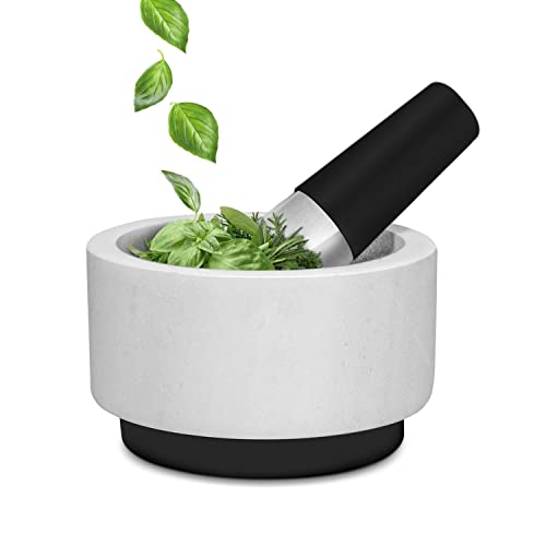 Flexzion Silicone Mortar And Pestle Set Marble Pestal Mortar 5.5" White Marble Mortar And Pestle With Silicone Base And Easy Grip Handle Kitchen Stone Grinder Bowl For Guacamole Bowl Salsa Spice #TOP11