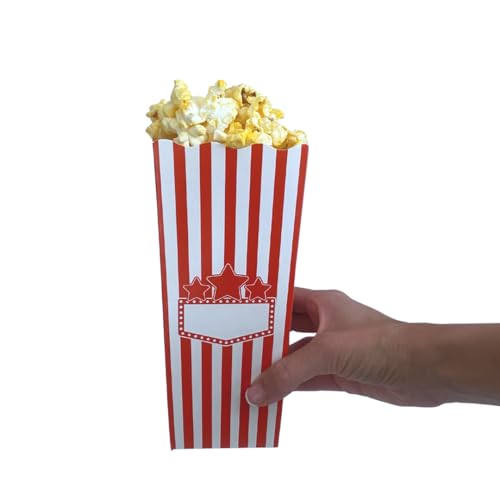 Image of 100 Pack Popcorn Box Disposable Container, 7.75 Inches tall, Cardboard Red and White Striped Popcorn Box, Parties, Movie Night, Snack (White Name Box)
