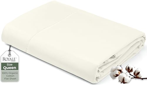 Image of Royale Linens 100% Organic Cotton Queen Flat Sheet Only - Super Soft - Percale Top Sheets - Queen Flat Sheet Sold Separately - Breathable, Cool & Crisp Ivory Sheets Only (90 inch x 102 inch, Ivory)