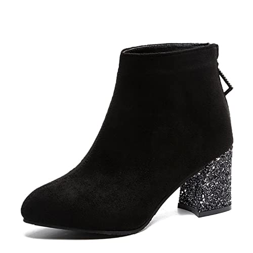 Bottes pour femmes chaussettes d'hiver à talons épais et bottines bout rond en cristal