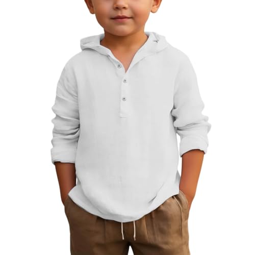 2026 Camisa Infantil con Capucha Verano Manga Larga Botones Playa Transpirable Color sólido Ropa Casual Adolescentes (White, 6-7 años)