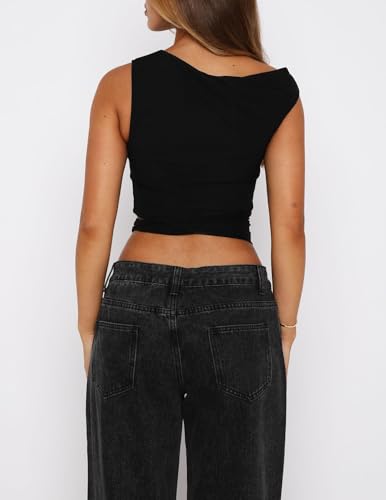 Giraropa Women One Shoulder Tops Trendy Front Cut Out Lace Patchwork Slim Fit Crop Tank Top Summer Outfits3