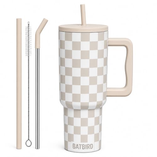 Image of Stainless Steel 1200 ml Vacuum Tumbler with Lid & Straw - Double‑Wall Insulated Cup for Travel, Gym & Office - Keeps Beverages Hot or Cold - 1.2 L Capacity (Cream Checks)