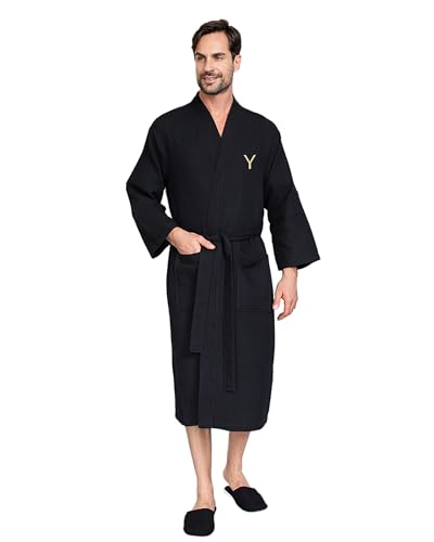 Product Image of the Lotus Linen Men’s Waffle Weave Cotton Bathrobe – Lightweight, Quick Dry Spa Robe, Custom Personalized Robes