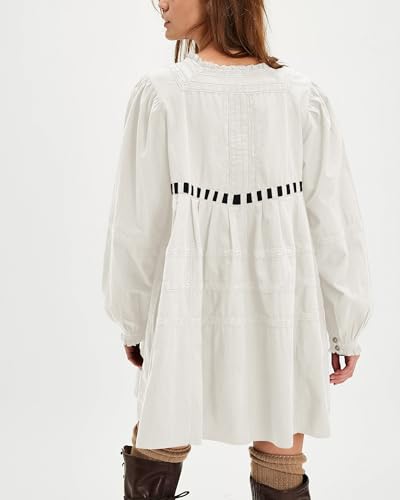 Locachy Womens 2025 Casual Cotton Dress Tie Front Square Neck Long Sleeve A Line Pleated Mini Dress2