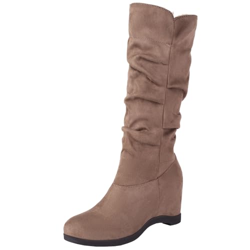 Womens Wedge Heel Knee High Boots Slip-on Slouch Boots