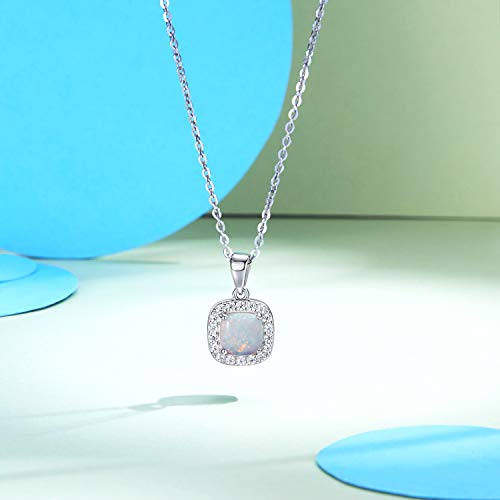 Fancime October Birthstone Jewelry Sterling Silver White Opal Necklace Cubic Zirconia Cz Fire Opal Halo Square Pendant Fine Jewelry For Women 16”+2” Extender #TOP5