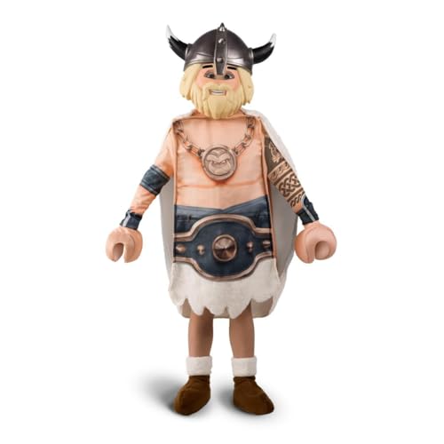 My Other Me - Disfraz para niño de Muñeco Charlie Playmobil beige y gris con casaca, capa, cubrebotas, máscara y guantes talla 5-6 años. Perfecto para un viaje a la era de los vikingos