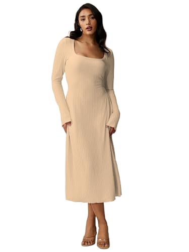 Image of Shasmi Women's Square Neck A-Line Dress - Long Sleeve, Tie Waist, Knitted Stretchable, Casual & Office Outfit, Solid Winter Midi Dress for Women (Dress 221)