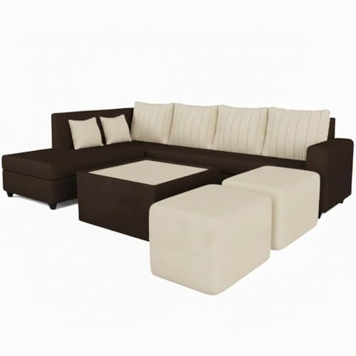 Image of CASASTYLE Stylano 8 Seater Fabric LHS L Shape Sofa Set with 1 Centre Table & 2 Ottoman (Cream-Dark Brown) 8-Person Seating with Premium Velvet Finish | Ideal for Living Room, Hotels