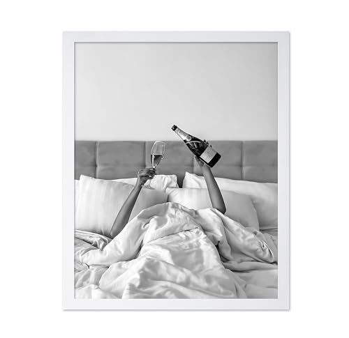 Poster Master Woman Drinking Wine In Bed Poster - Champagne Print - Alcohol Artwork - Fashion Design - Black & White Art - Photography Print - Chic Girl's Bedroom or Bar Decor - 16x20 White Framed