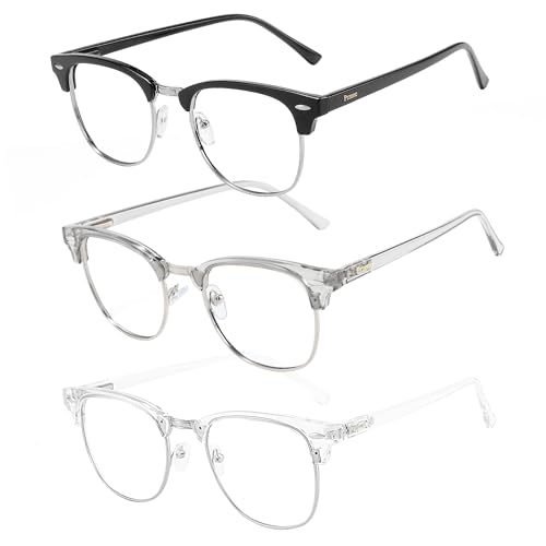 Image of Przene Blue Light Blocking Glasses for Men Women Retro Round Semi Rimless UV400 Computer Eyewear 3-Pack Black /grey /transparent