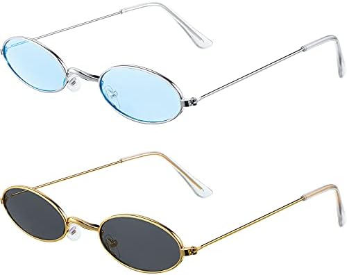 Frienda 2 Pairs Vintage Oval Sunglasses Small Oval Sunglasses Mini Vintage Stylish Round Eyeglasses for Women Girls Men