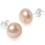 10mm Grade AAA+ Freshwater Cultured Pearl Stud Earrings in 925 Sterling Silver – Cream White, Pink, Lavender, and Black Variations (Creamy Pink)