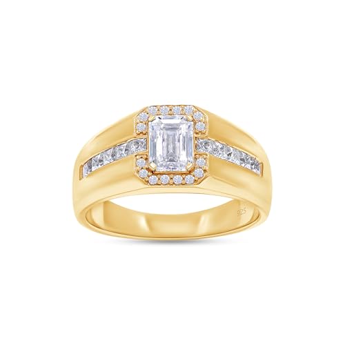 Wishrocks 1 1/2 Carat Center 7X5MM Emerald & Princess, Round Cut Moissanite Men's Halo Engagement Wedding Band Ring In 14K Yellow Gold Plated Sterling Silver (VVS1/1.50 Cttw)-13.5