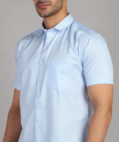 Image of MILDIN Men's Cotton Blend Solid Shirt with Spread Collared Half Sleeve Curved Hemline Button Closure Regular Fit and One Pocket | Half Sleeve Shirt for Men