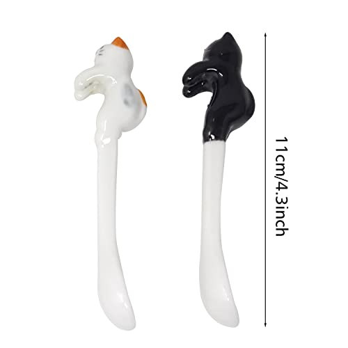 Honbay 2Pcs Mini Cute Ceramic Cat Spoon Hangable Tea Spoon Coffee Spoon Sugar Spoon Cartoon Animals Hanging Spoons (Black) #TOP1