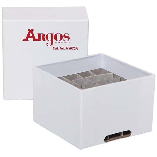 Image of Argos Technologies Cole-Parmer Cardboard Freezer Box, 3 inch x 3 inch x 2 inch, with 25-Place Divider