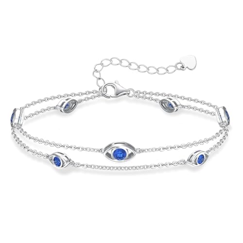 Lypic Sapphire Anklet 925 Sterling Silver Adjustable Layered September Birthstone Anklet Turkish Evil Eye Jewelry for Women