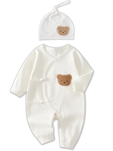 Premium Bear Romper & Hat Set | 100% Cotton Newborn Outfit (NB-9M) | Easy Side-Tie Design + Machine Washable