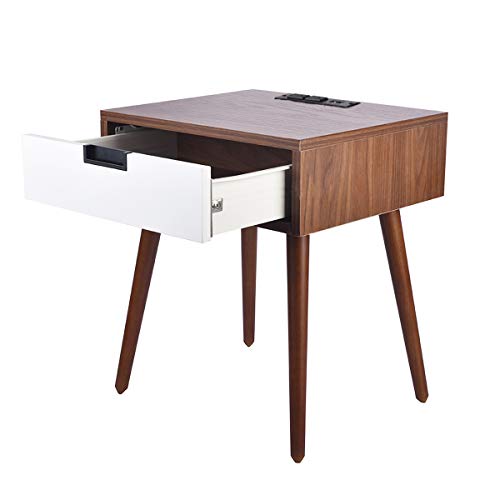 Sofa End Table with USB Charging Port, Frylr Bedside Table with Drawer Storage Design for Living Room Sofa, Light Walnut and White